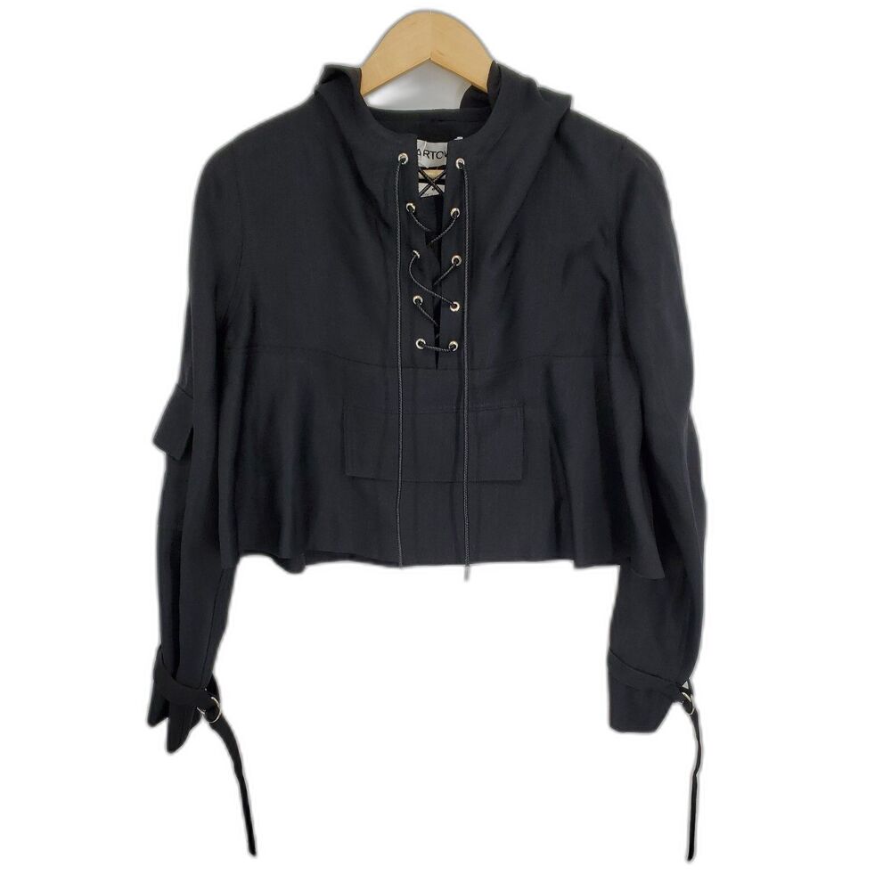 New Partow Womens Malin Hoodie Lace-Up Pullover Anorak Black Silk Blend Size 2